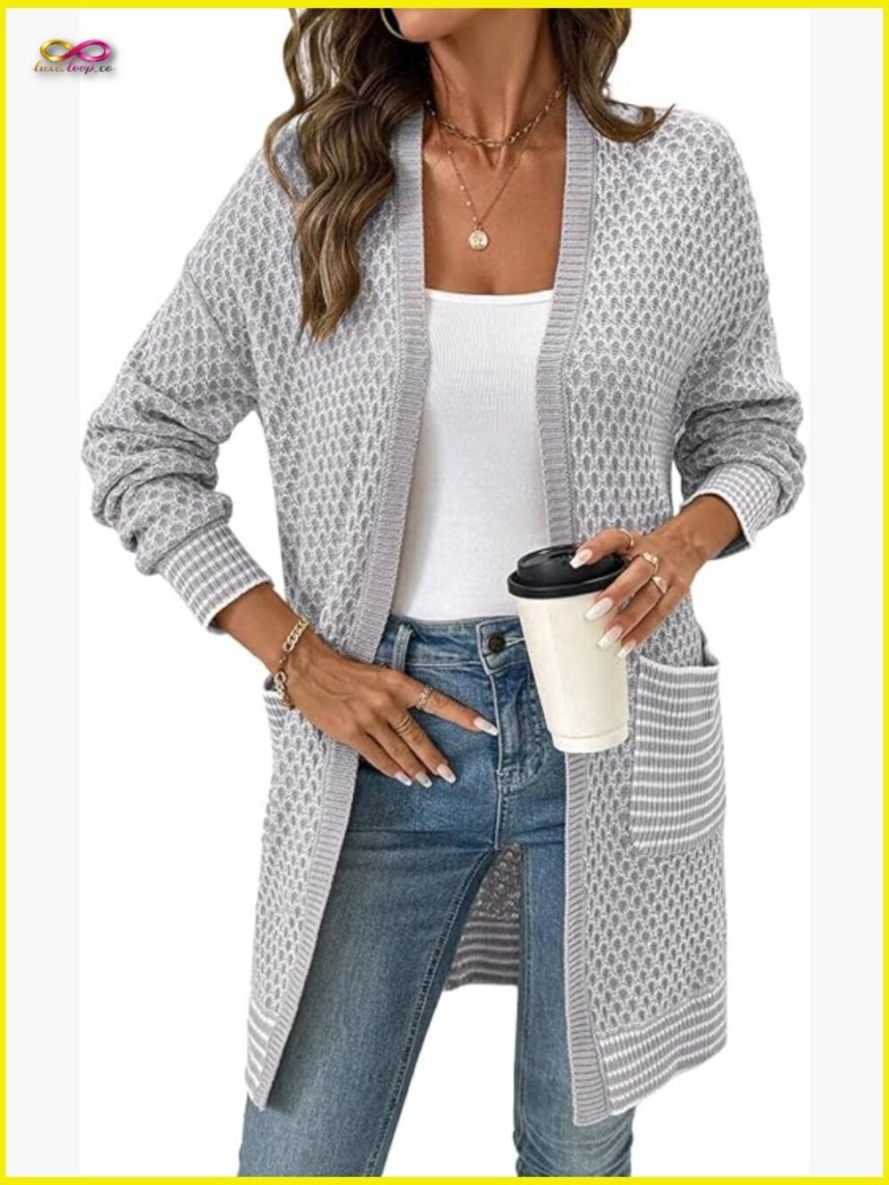 Chunky Hexagon Knit Cardigan Sweater Long Sleeve Open Front Coat
